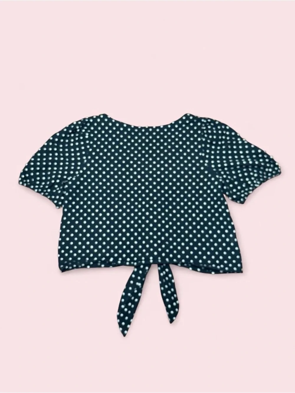 LOFT Polka Dot Tie Front Blouse M Black White Puff Sleeve Cottagecore Pinup Top